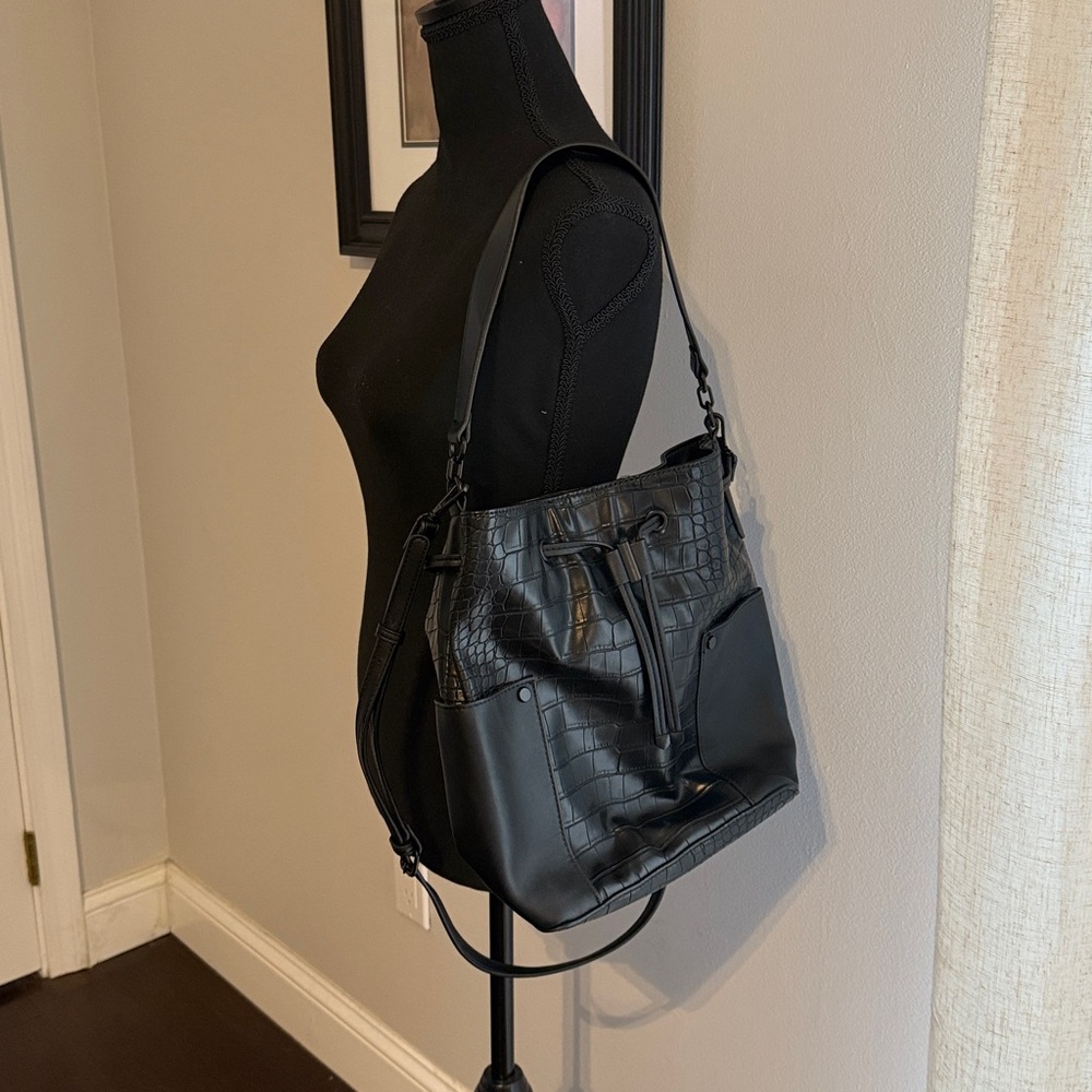Aldo Black Croc Embossed Bucket Bag | Drawstring Shoulder Crossbody